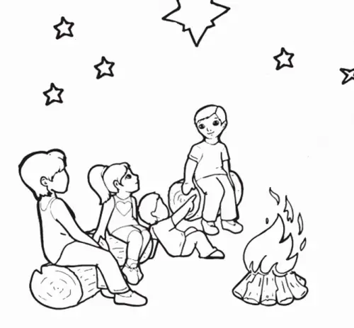 דף צביעה לג בעומר ילדים יושבים בקומזיץ מסביב למדורה